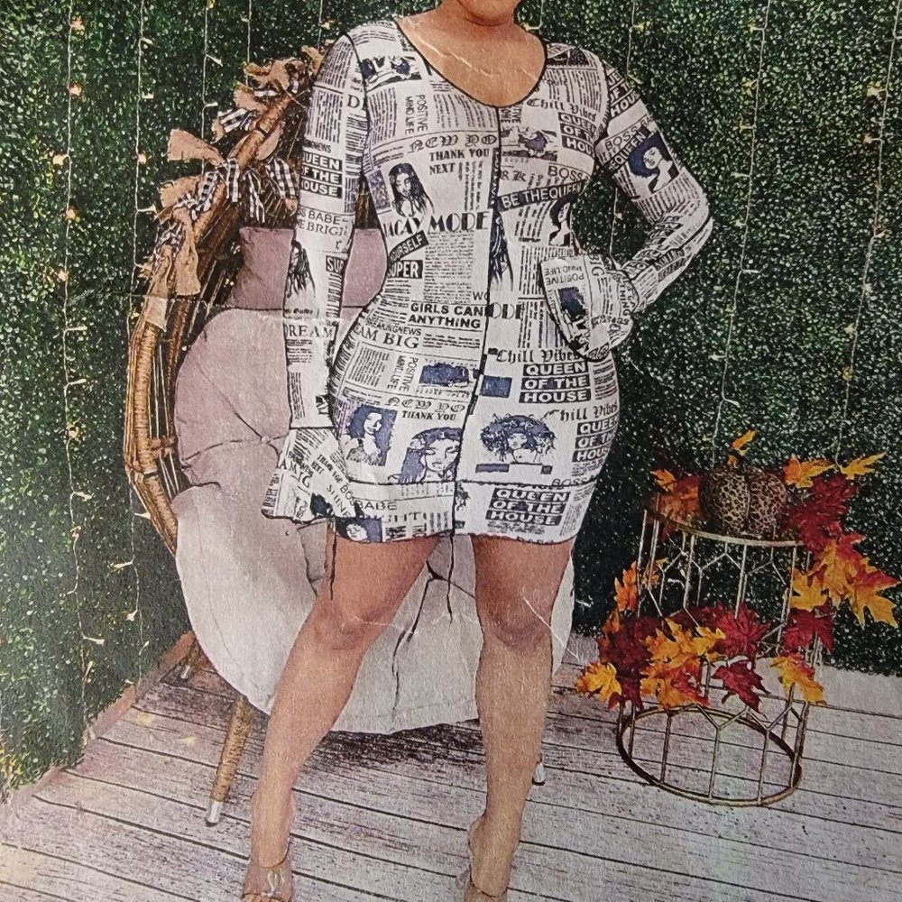 Black and White Newspaper Print Bell Sleeve VNeck Dress